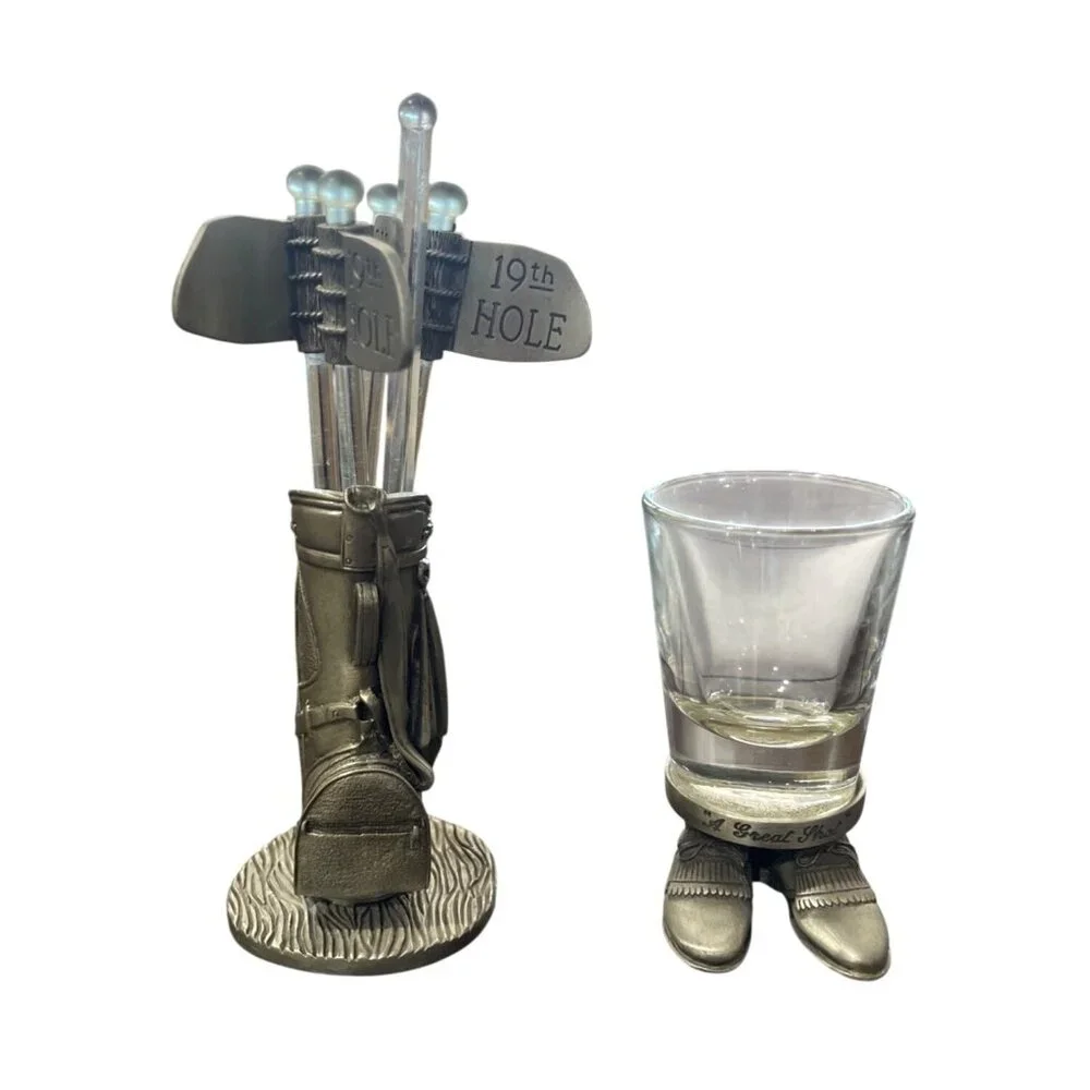 Great Shot Glass Golf Theme + Pewter Golf Bag & 19th Hole Acrylic Stir Stick Set - Picture 1 of 7